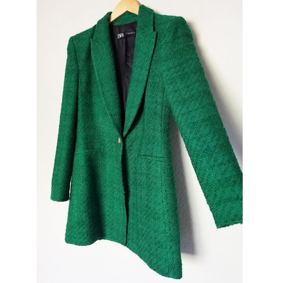 Zara Tweed Textured Long Structured Blazer in Kelly Green M Classic Preppy $149 - Picture 8 of 16